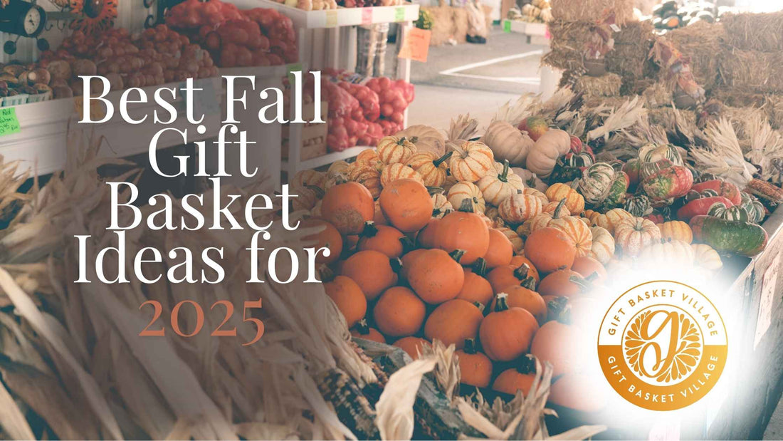 Display of pumpkins, gourds, and fall harvest produce with text overlay ‘Best Fall Gift Basket Ideas for 2025’ — seasonal inspiration for autumn gift baskets, pumpkin gift baskets, and harvest basket ideas.