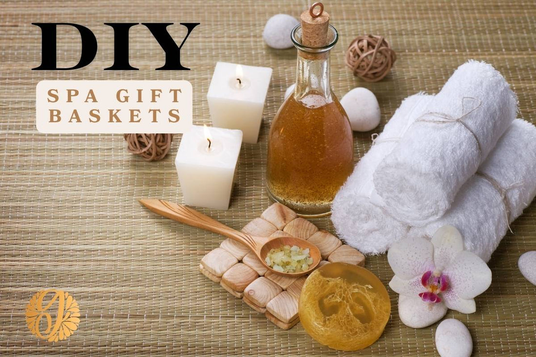DIY spa gift basket essentials including rolled towels, candles, bath salts, natural soap, and massage oil — the perfect relaxation and self-care gift idea.
