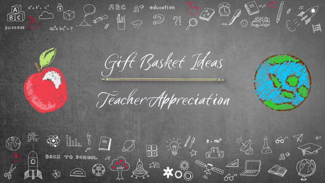 Chalkboard design with apple, globe, and school doodles featuring text ‘Gift Basket Ideas Teacher Appreciation’ — perfect for teacher appreciation gift baskets, back-to-school hampers, and thank you teacher gift ideas.
