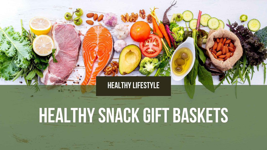 Healthy snack gift baskets featuring salmon, fresh vegetables, avocado, olive oil, nuts, and greens — perfect for healthy lifestyle gift baskets and nutritious gourmet hampers.