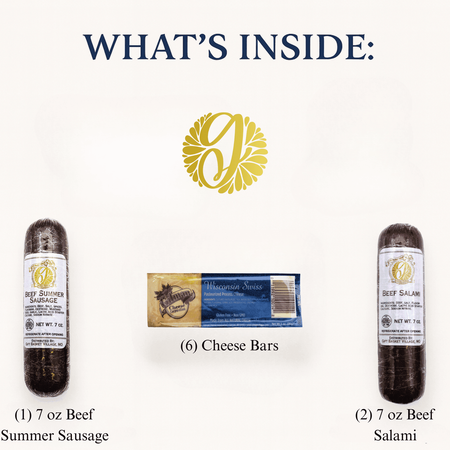Contents: one 7 oz beef summer sausage, two 7 oz beef salamis, and six assorted cheese bars