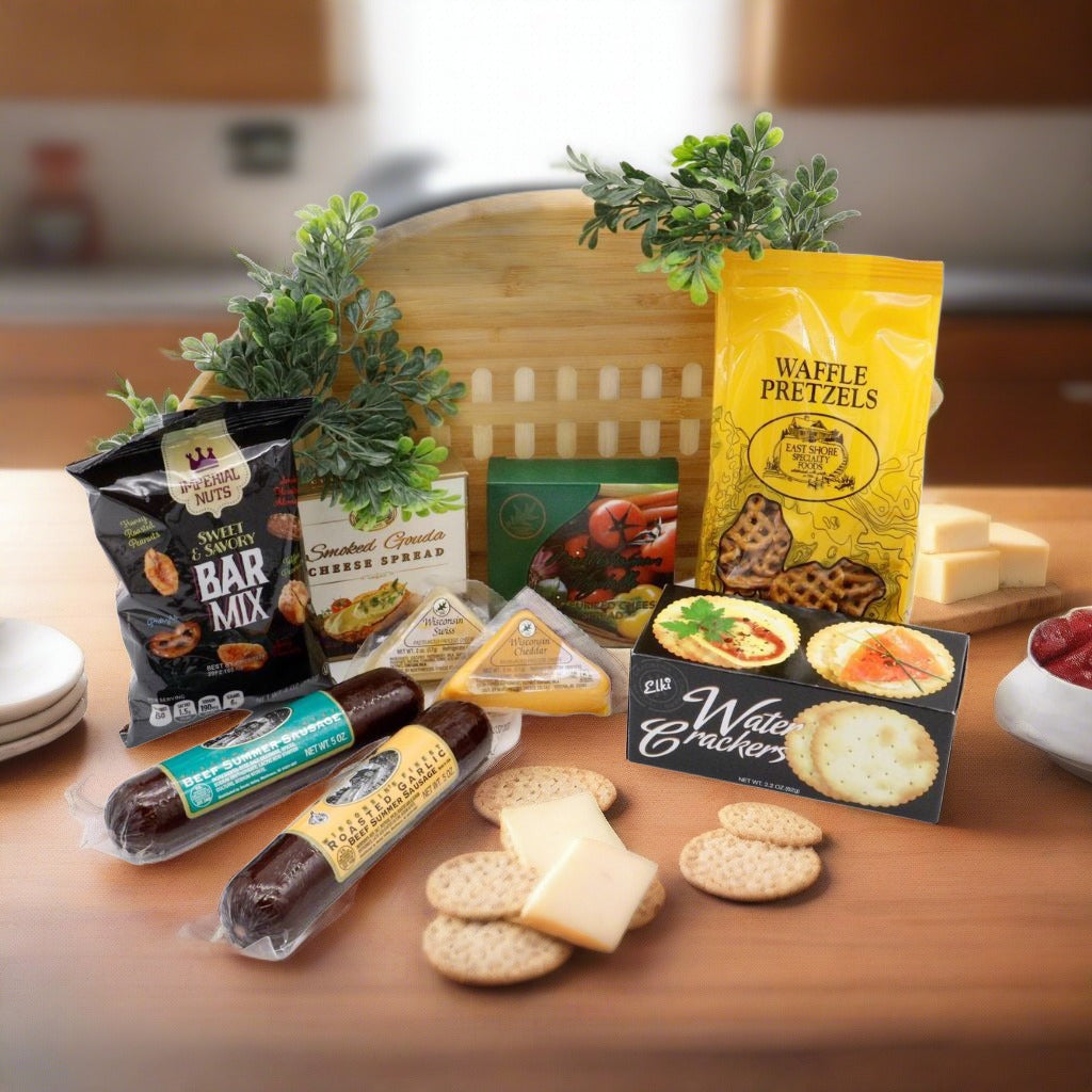 Gift Basket With Delicious Sausage, Cheese and Nuts