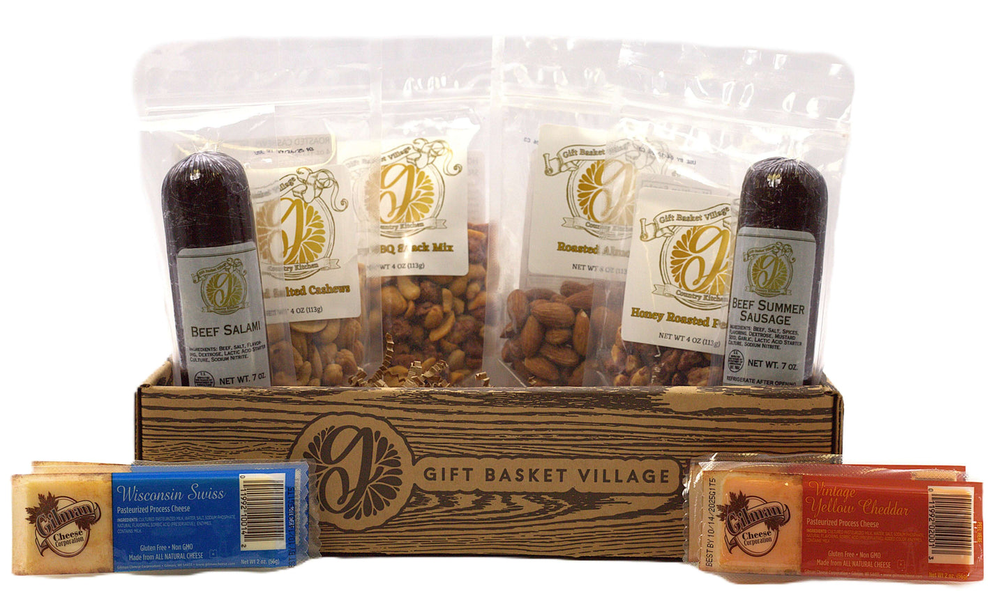 Gourmet Ultimate gift tray with summer sausage, cheese bars, mixed nuts, and salami