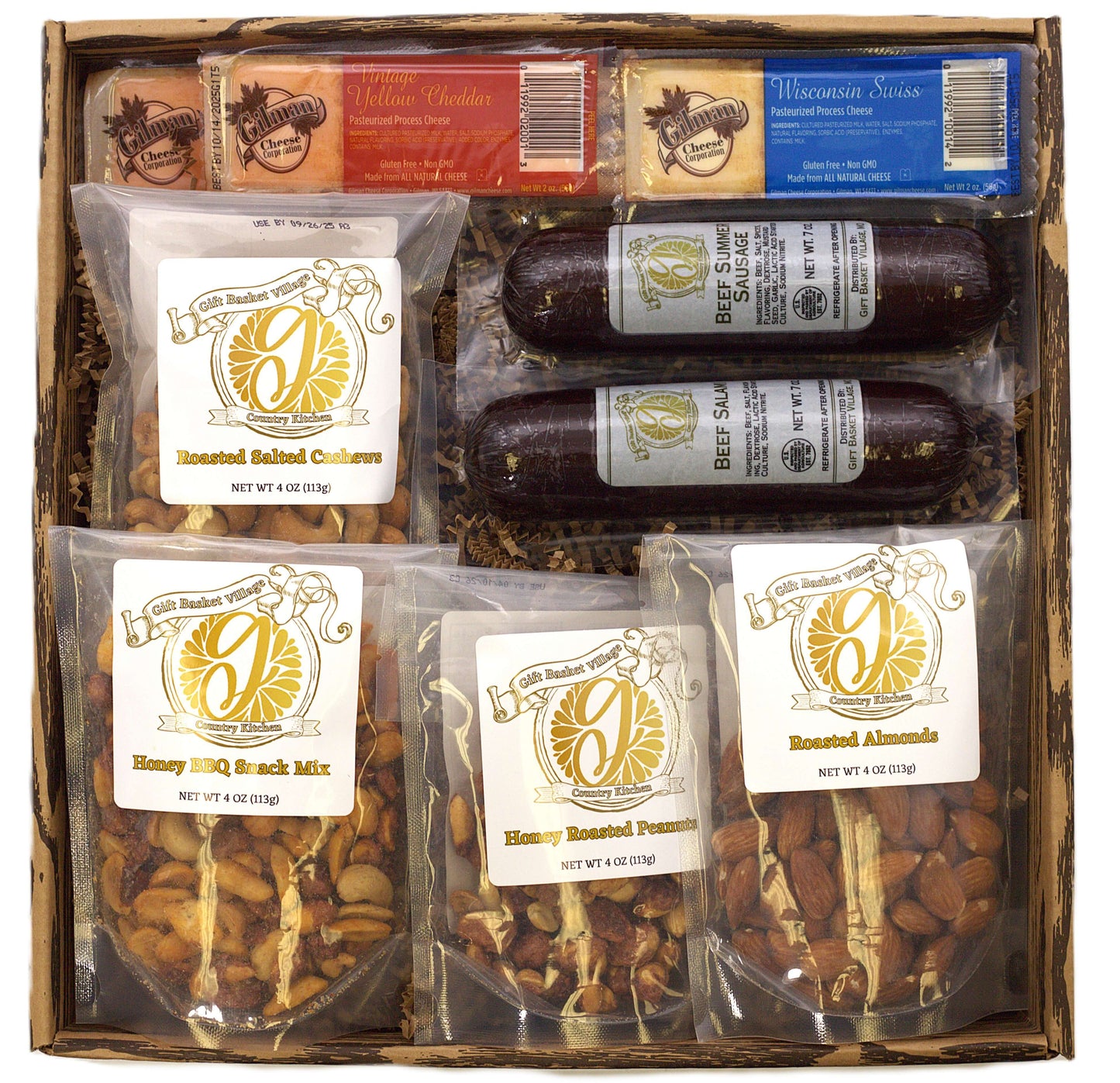 Gourmet gift basket with summer sausage, cheese bars, mixed nuts, and salami in a wood grain tray