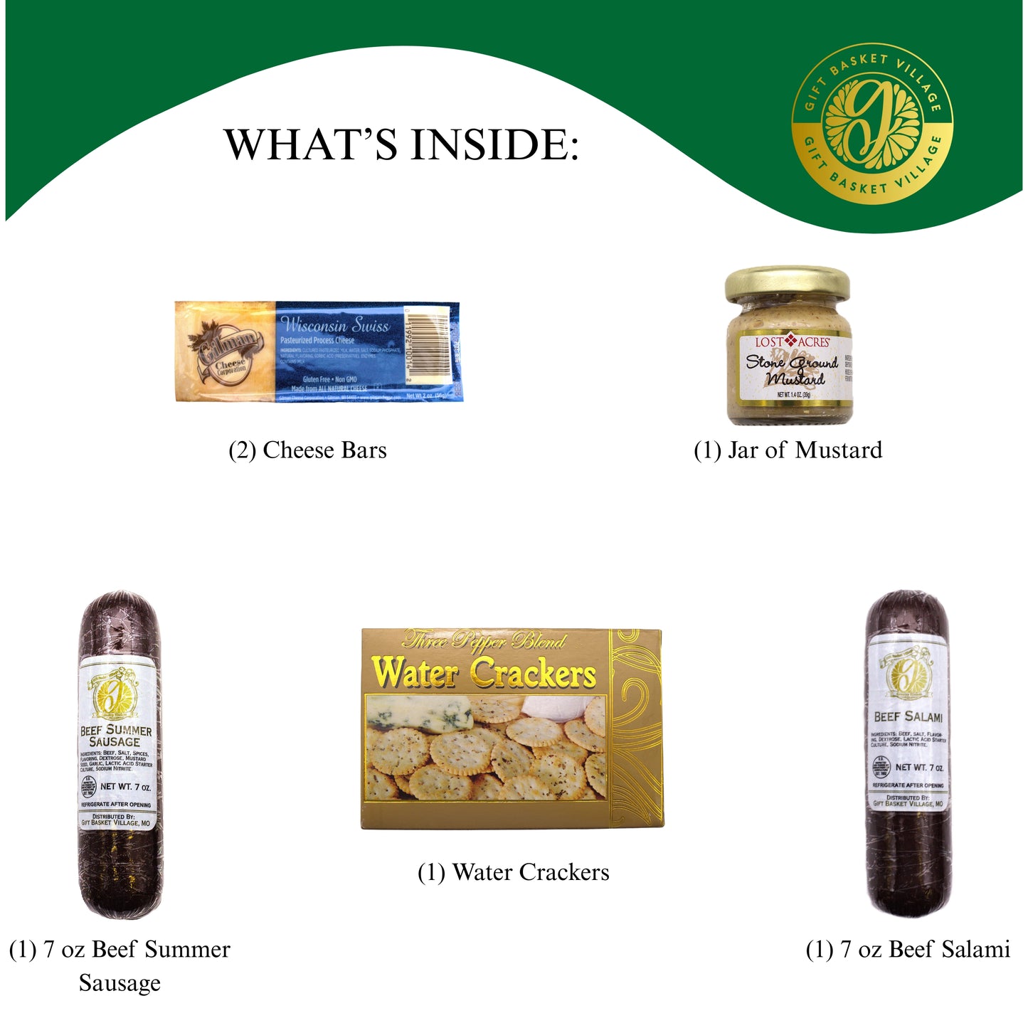Gourmet Sausage and Cheese Gift Basket with Crackers, Mustard, and Cheese Bars