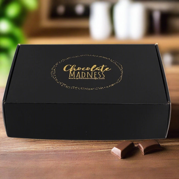 Black gift box designed for Gift Basket Village for our Chocolate Madness Gift