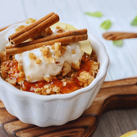 A bowl of Cinnamon Apple Crisp