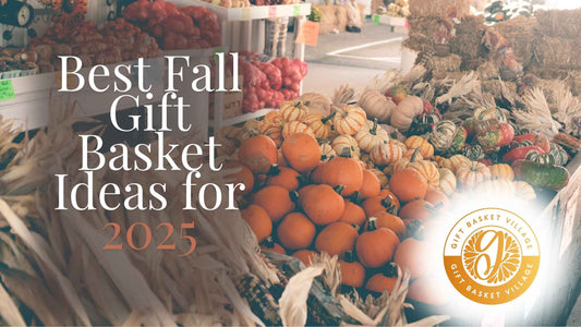 Display of pumpkins, gourds, and fall harvest produce with text overlay ‘Best Fall Gift Basket Ideas for 2025’ — seasonal inspiration for autumn gift baskets, pumpkin gift baskets, and harvest basket ideas.