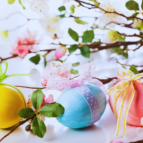 Decorated easter eggs and flowers