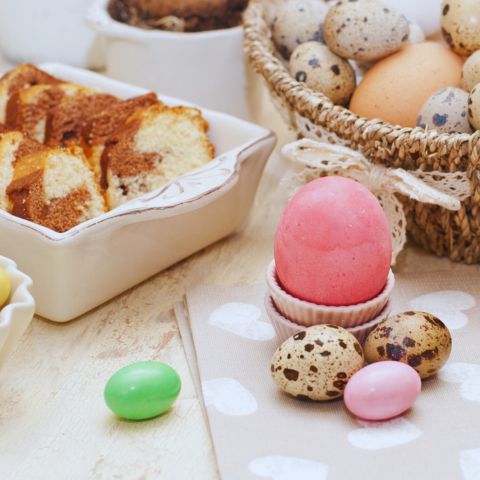 Easter eggs and cinnamon bread for a easter breakfast