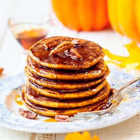 Pancakes on a plate with Pumpkin Spice Syrup