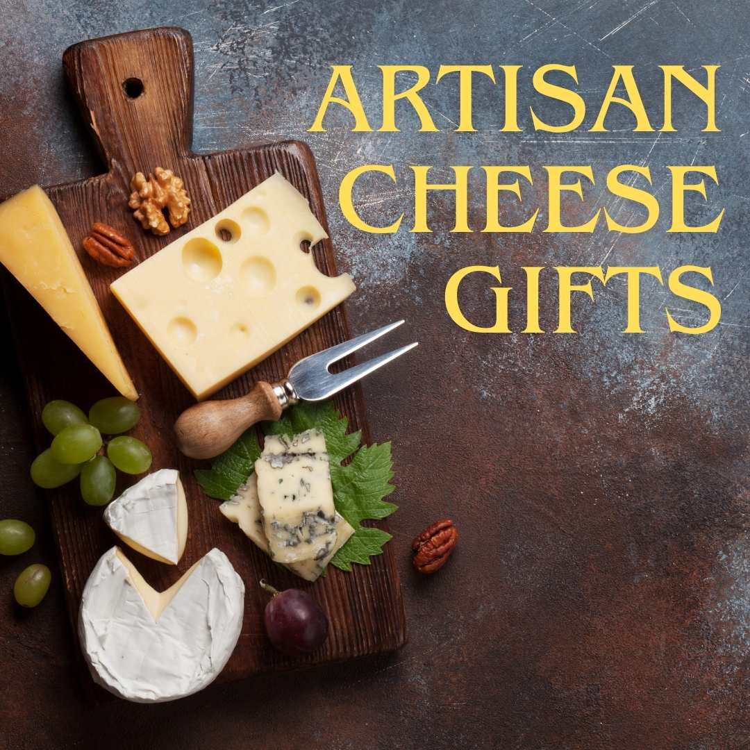 Artisan cheese gifts with assorted cheeses including brie, cheddar, Swiss, and blue cheese on a rustic wooden board with grapes and nuts.