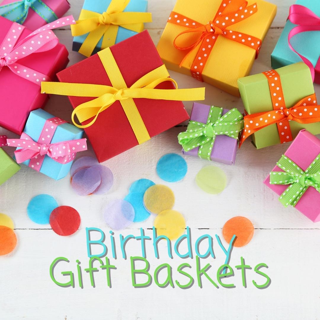 Colorful birthday gift baskets with wrapped presents, festive ribbons, and confetti — the perfect birthday gift box or birthday hamper for celebrating special occasions.