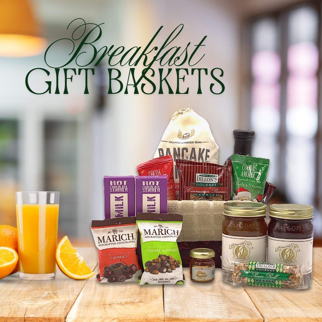 Breakfast gift basket with pancake mix, gourmet jams, hot chocolate stirrers, chocolates, and fresh orange juice — a perfect brunch gift basket or breakfast gift box for any occasion.