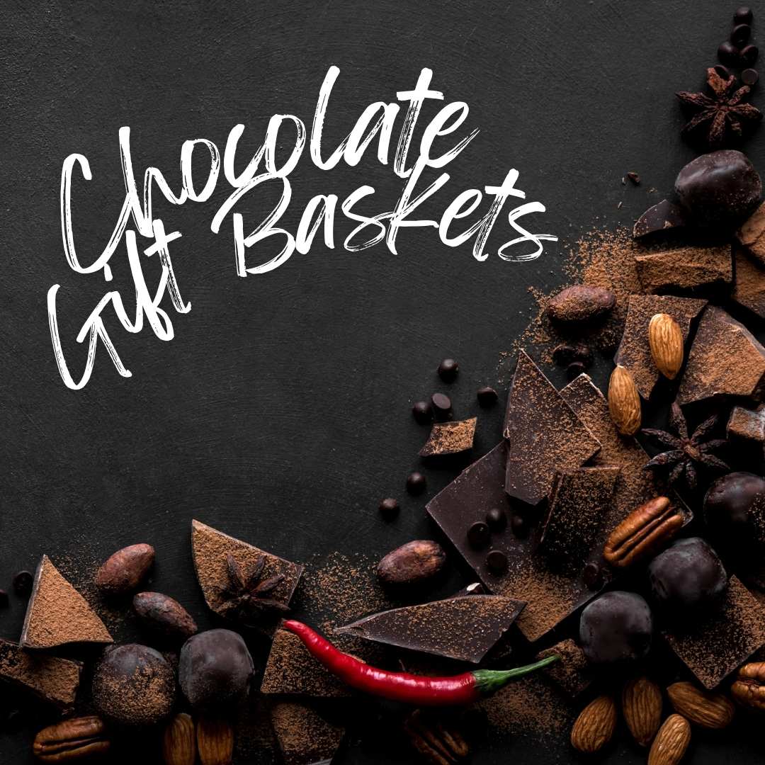 Chocolate gift basket with gourmet dark chocolate, cocoa, almonds, pecans, and truffles — a luxury chocolate hamper perfect for gifting.