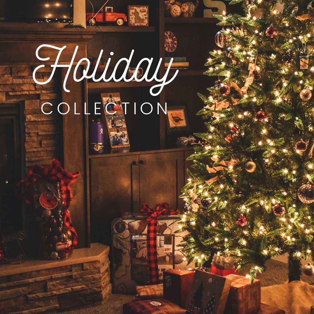 Holiday collection with decorated Christmas tree, glowing lights, and wrapped gifts with plaid ribbons in a cozy living room.