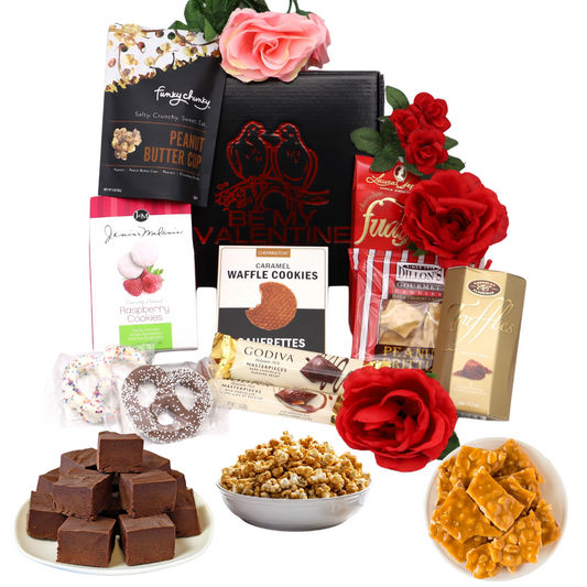 Be My Valentine Box with chocolates, cookies, and gourmet snacks.