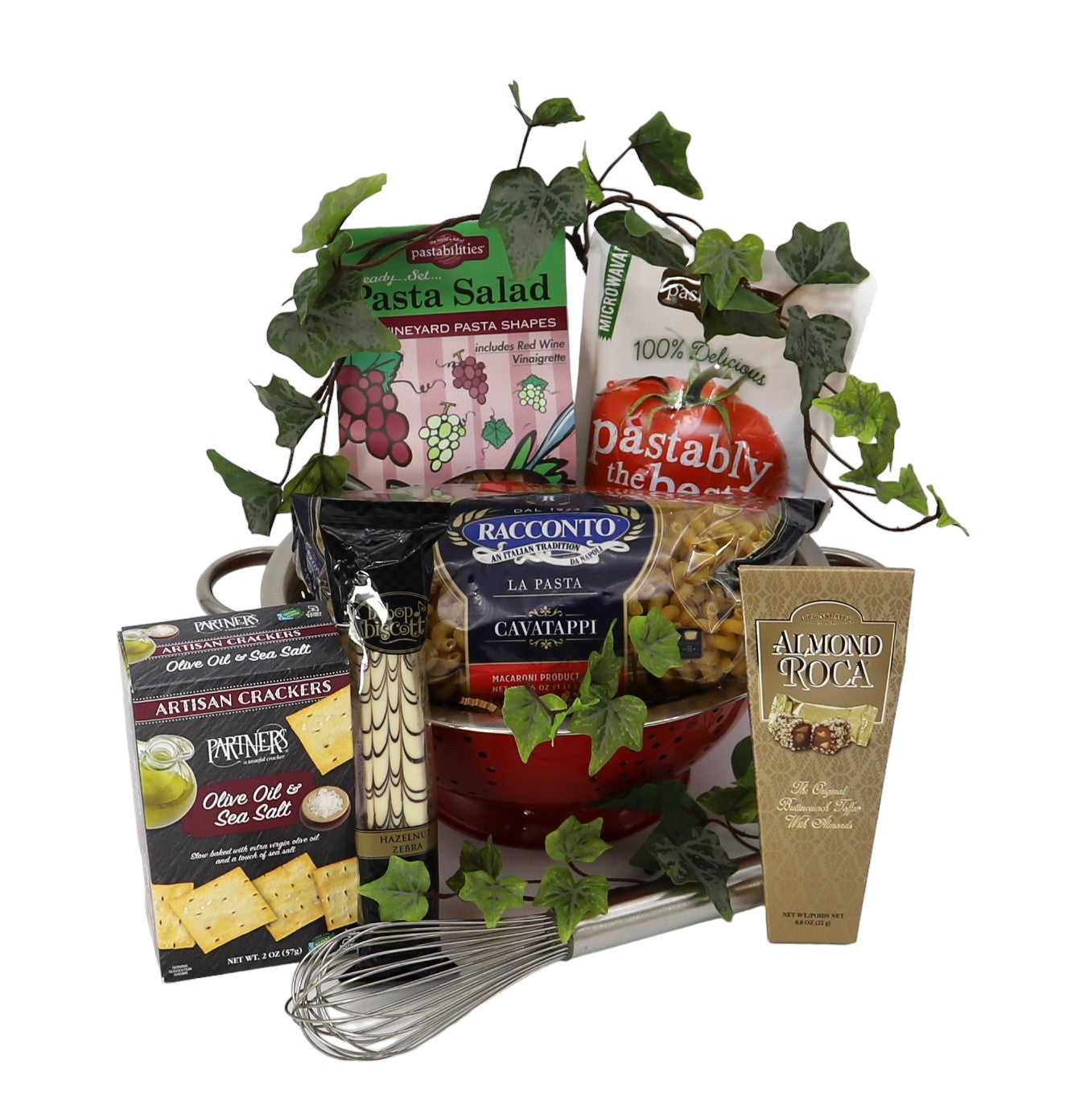 Italian Gourmet Classic Gift Basket with artisan pasta, pasta sauce, gourmet crackers, and whisk