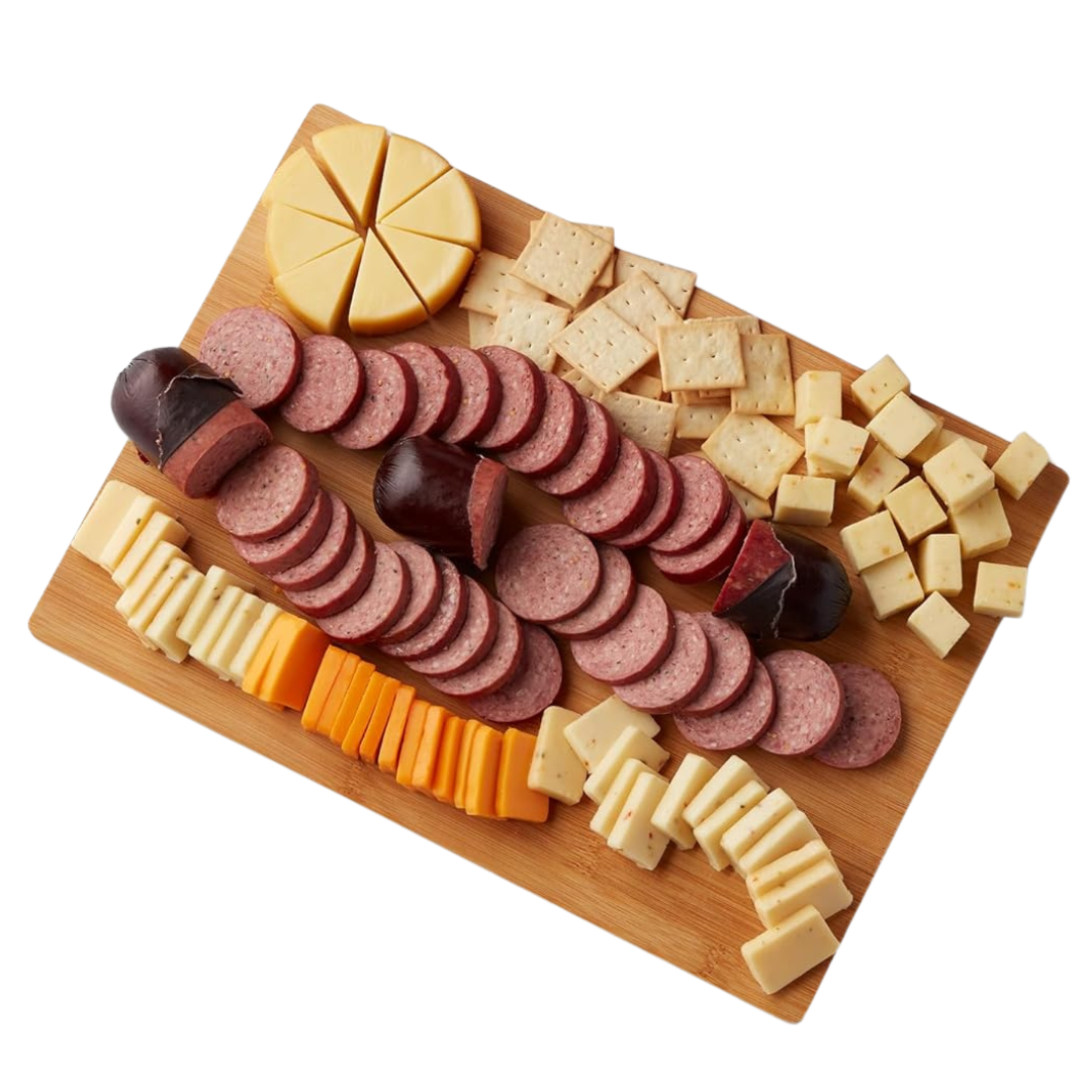 charcuterie board with cheese, sausage and crackers