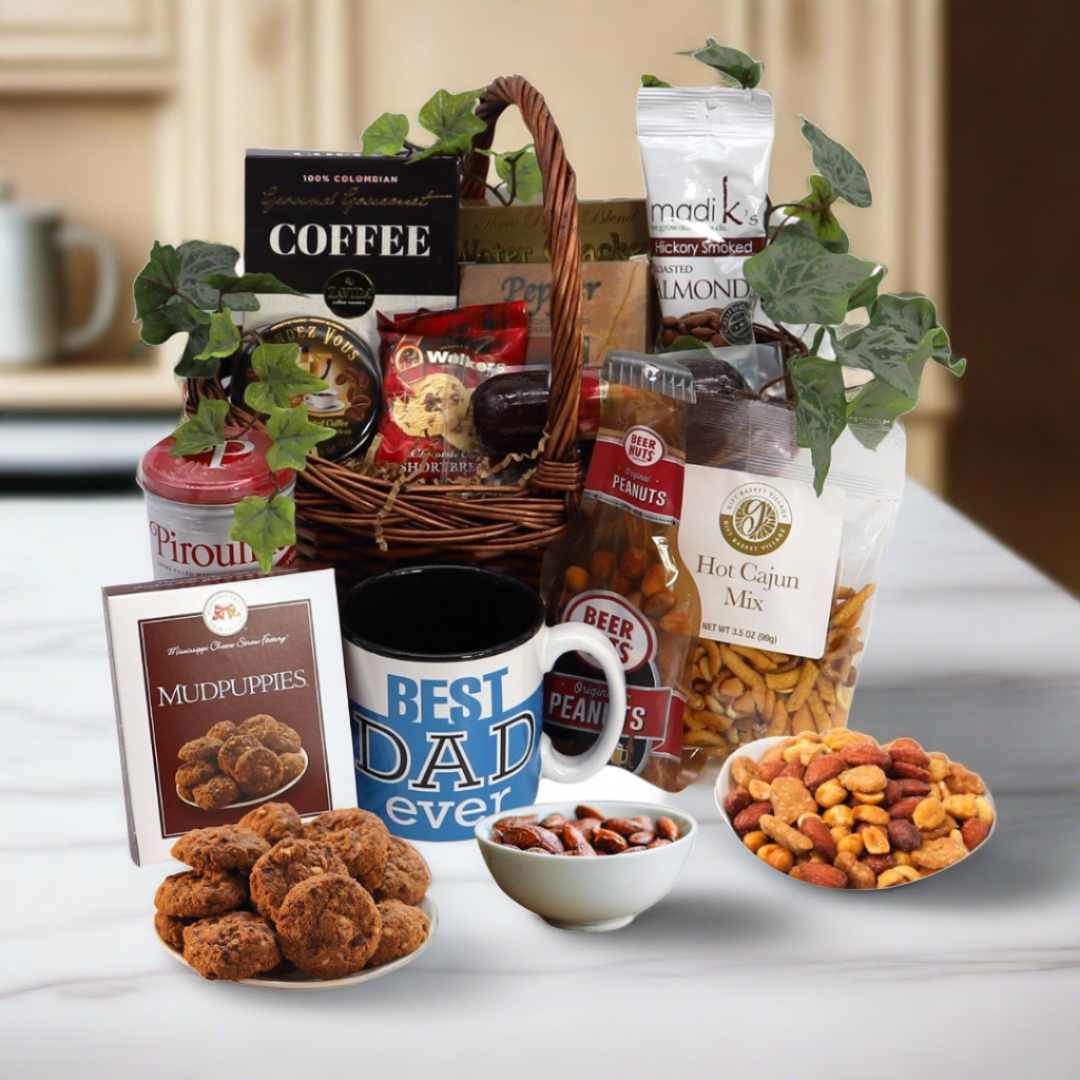 Dad's Delight Gift Basket filled with gourmet snacks, coffee, and savory treats, perfect for Father’s Day or any occasion.