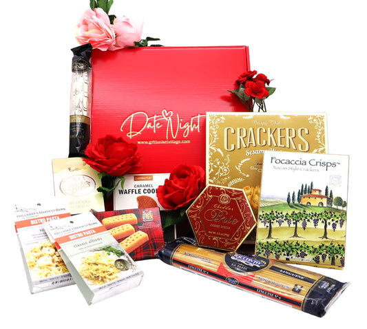 Date Night Gift Box with pasta, sauces, and gourmet treats, perfect for romantic evenings or Valentine’s Day celebrations.