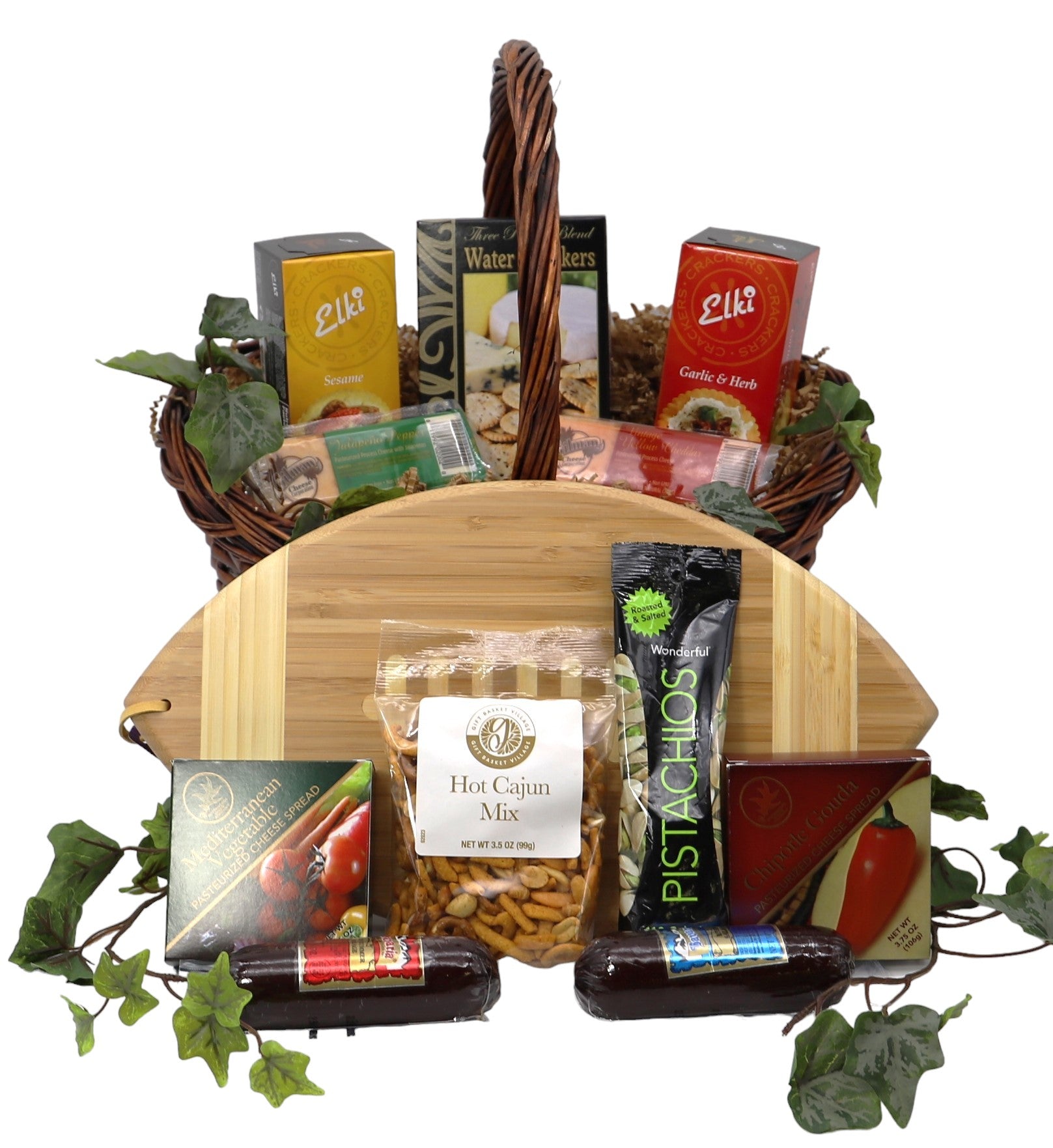 Halftime Favorites Gift Basket with football cutting board, gourmet cheeses, crackers, sausages, and snack mix – perfect for Super Bowl celebrations.