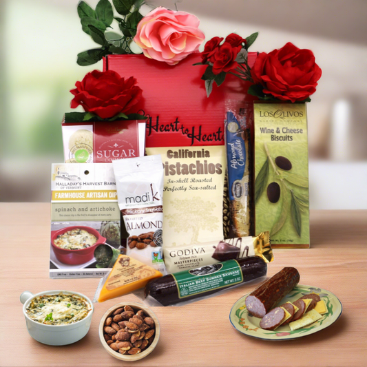 Heart to Heart Gift Box with gourmet cheese, nuts, cookies, and chocolate, elegantly arranged for a romantic Valentine's Day gift.