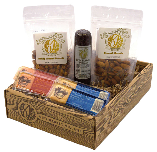 Savory Snack Sampler Gift Basket - Delight food lovers with our savory snack gift basket, featuring artisan sausage, premium cheeses, and roasted nuts for every occasion.