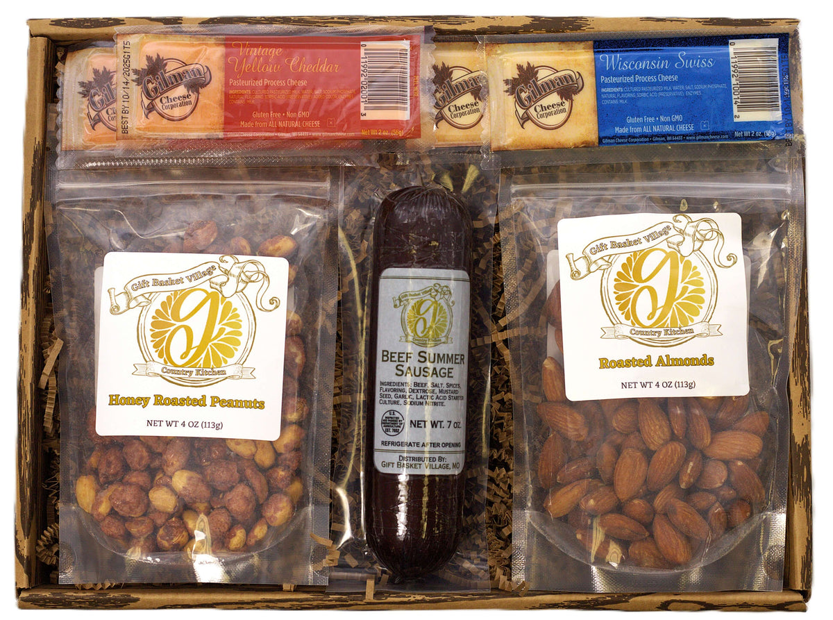 Savory Snack Sampler Gift Basket - Delight food lovers with our savory snack gift basket, featuring artisan sausage, premium cheeses, and roasted nuts for every occasion.