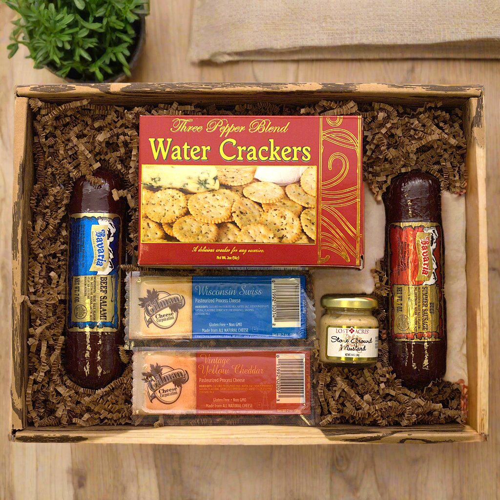 Gift Box with Assorted Summer Sausage, Assorted Cheeses, Dipping Mustard and Crackers.