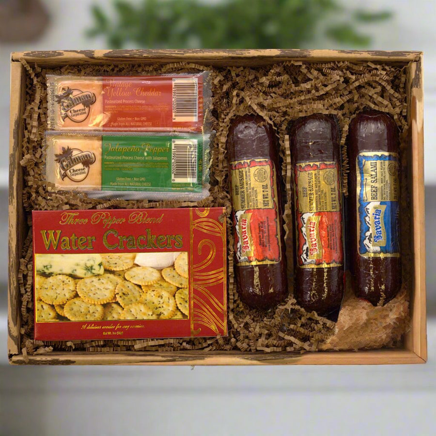 Gift basket with summer sausage, Beef Salami, assorted Cheeses, and water crackers