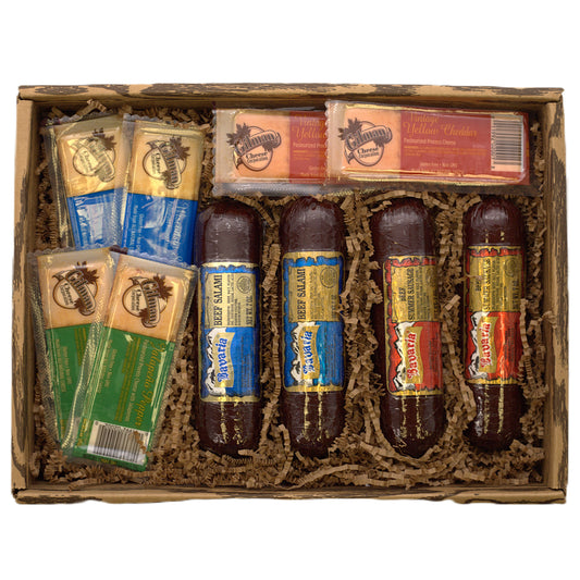 gift box of assorted summer sausages and assorted gourmet cheeses