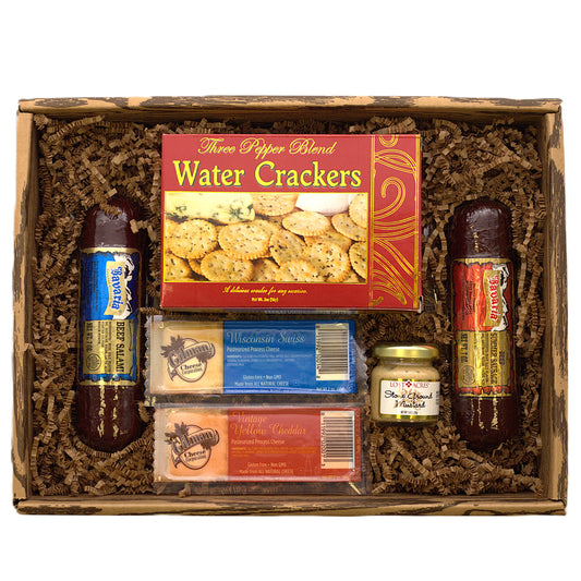 Gourmet Sausage and Cheese Gift Basket with Crackers, Mustard, and Cheese Bars