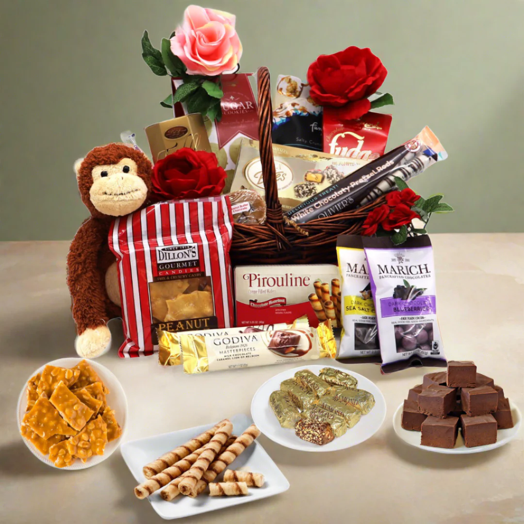 Wild About You romantic gift basket with a jungle plushie, chocolates, and sweet treats for Valentine's Day gifting.