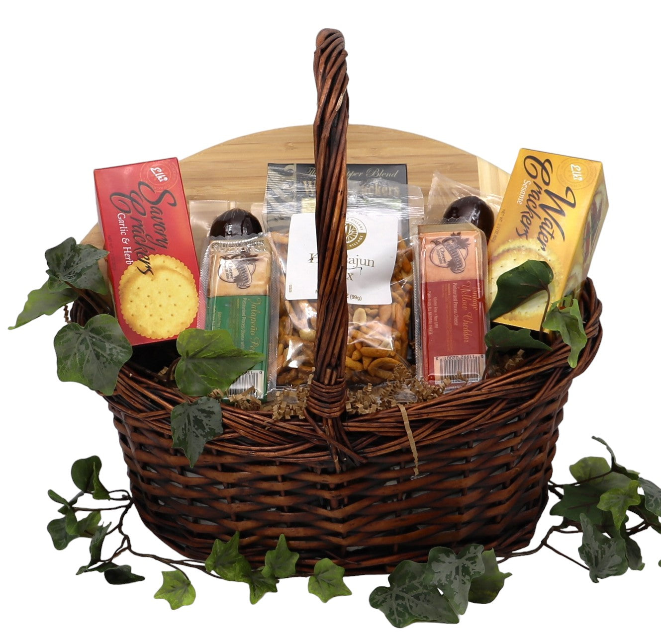 Game day snack gift set featuring a football-shaped cutting board and an assortment of savory treats, ideal for sports fans and party hosts.