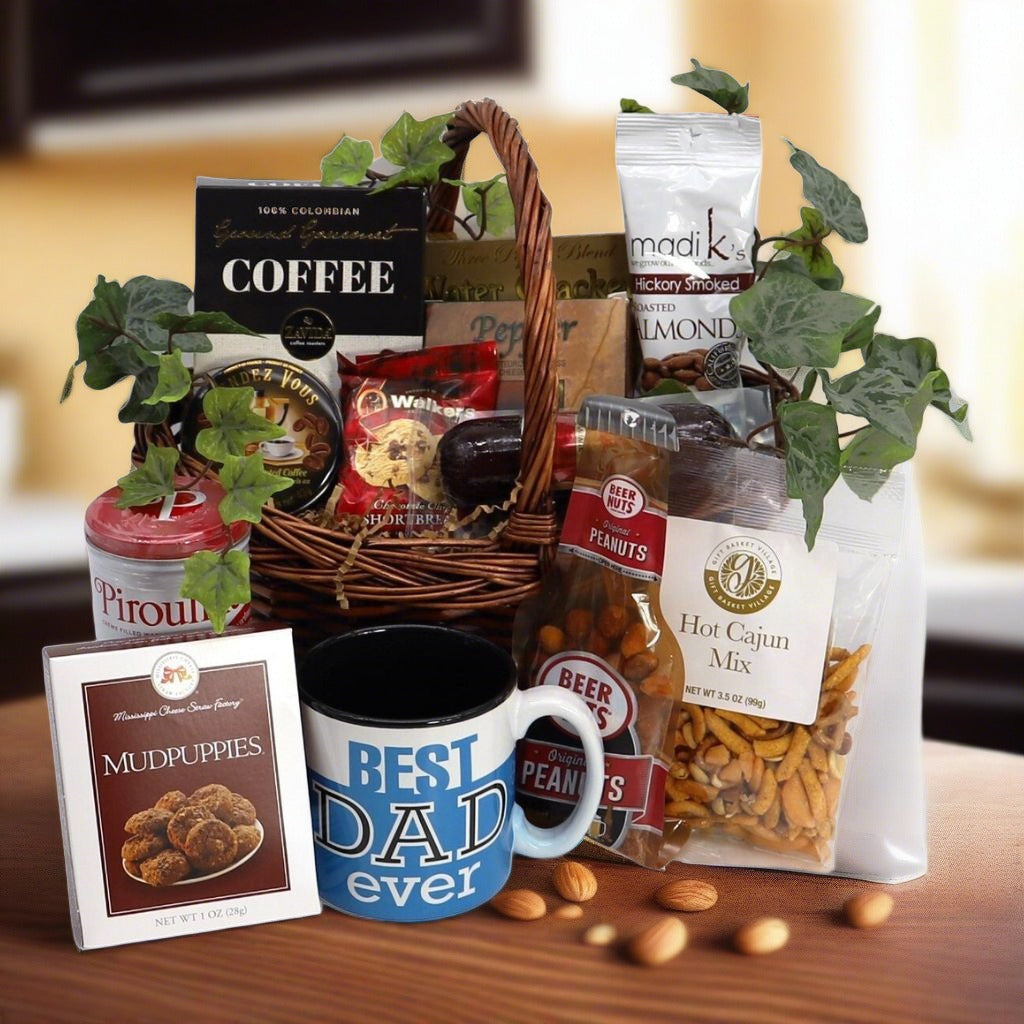 Dad's Delight Gift Basket with gourmet goodies and a Dad’s Favorite mug, ideal for birthdays, holidays, or showing appreciation.