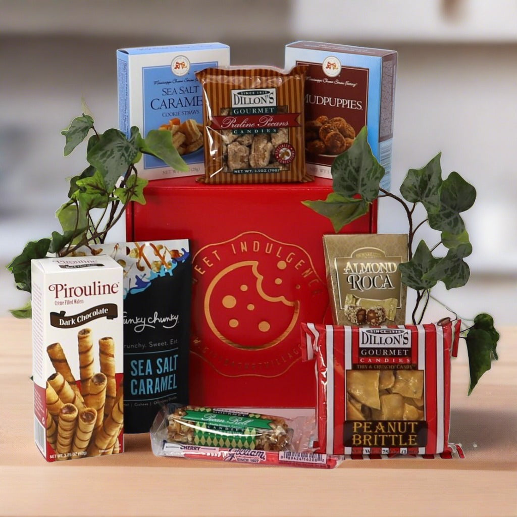 Gift box featuring praline pecans, almond roca, and peanut brittle – an elegant choice for all celebrations.