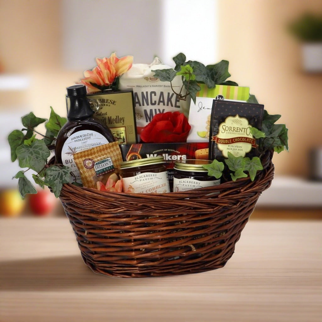 Mom's Day Breakfast Gift Basket with an assortment of goodies